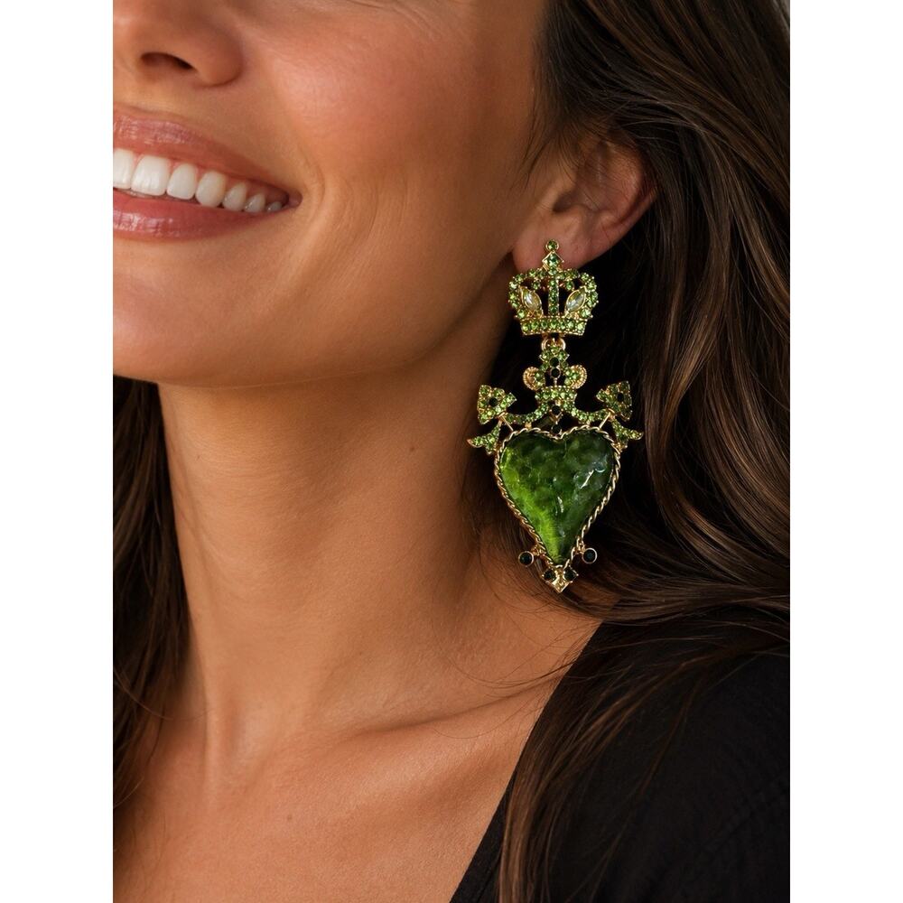Antique Crystal Sacred Heart Lucite Crown Earrings Gold Museum Baroque Gothic CZ - Picture 3 of 9